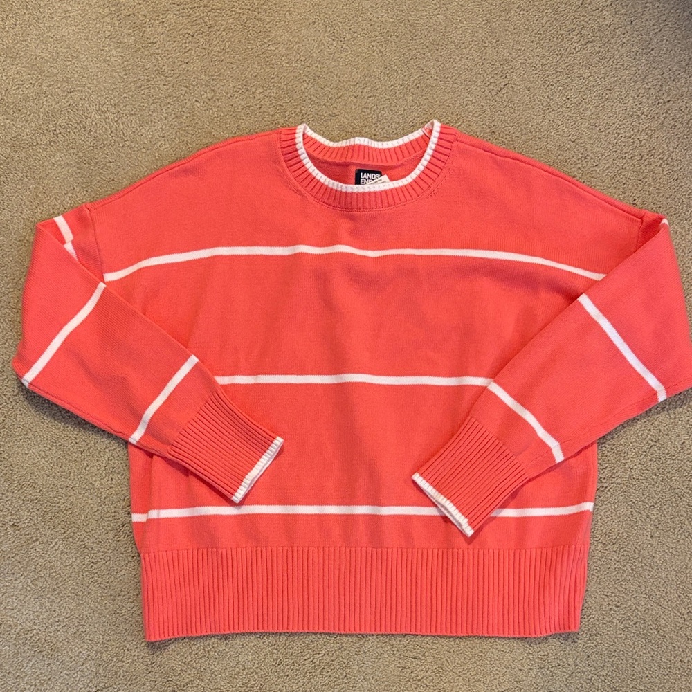 Lands' End Women's Coral and White Striped Crewneck Sweater